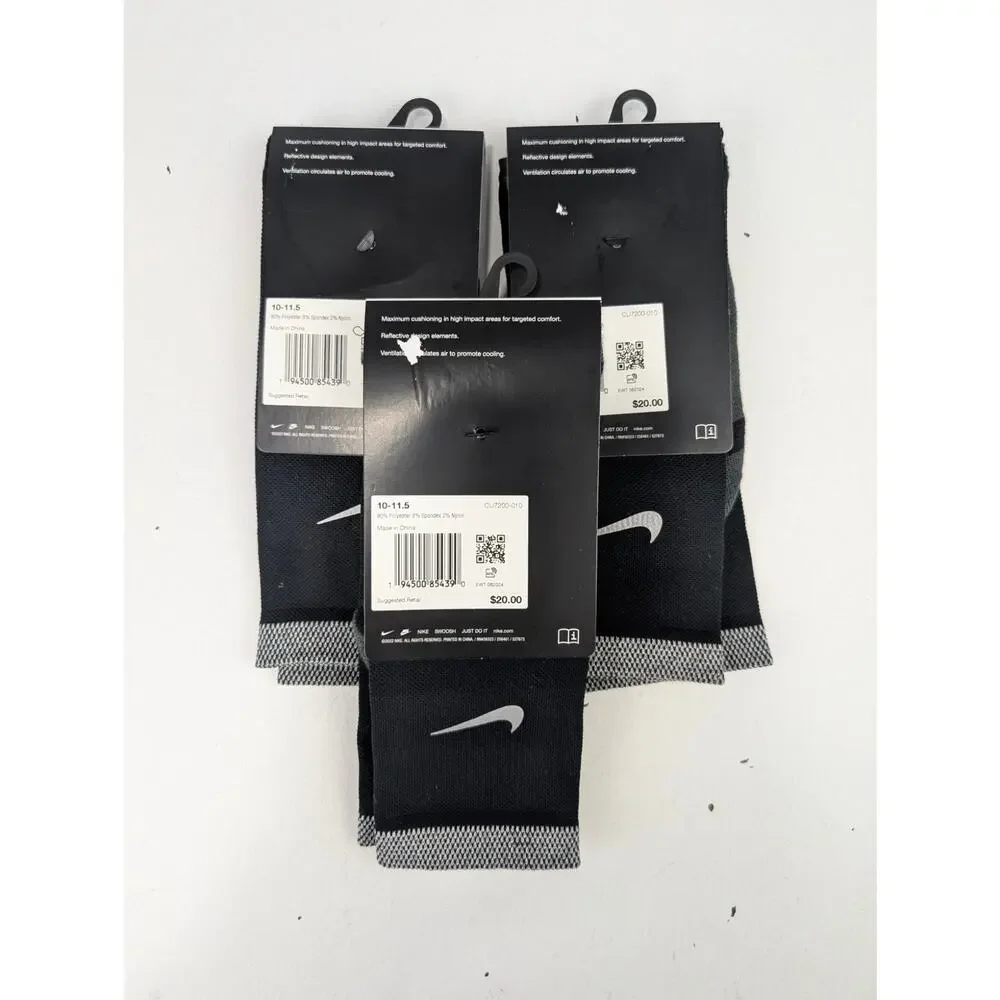 Nike Spark Black Crew Running Socks 3 Pair Bundle - W11.5-13 - M10-11.5